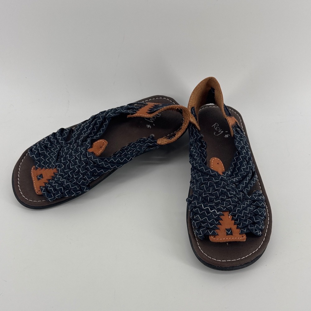 Roy's Huarache Sandals Womens Navy Blue Tan Woven Leather Accents Boho